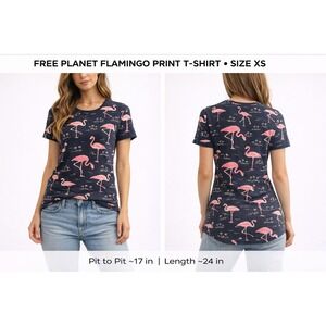 Free Planet Flamingo Print T-Shirt XS Navy Blue Pink Tropical Summer Tee